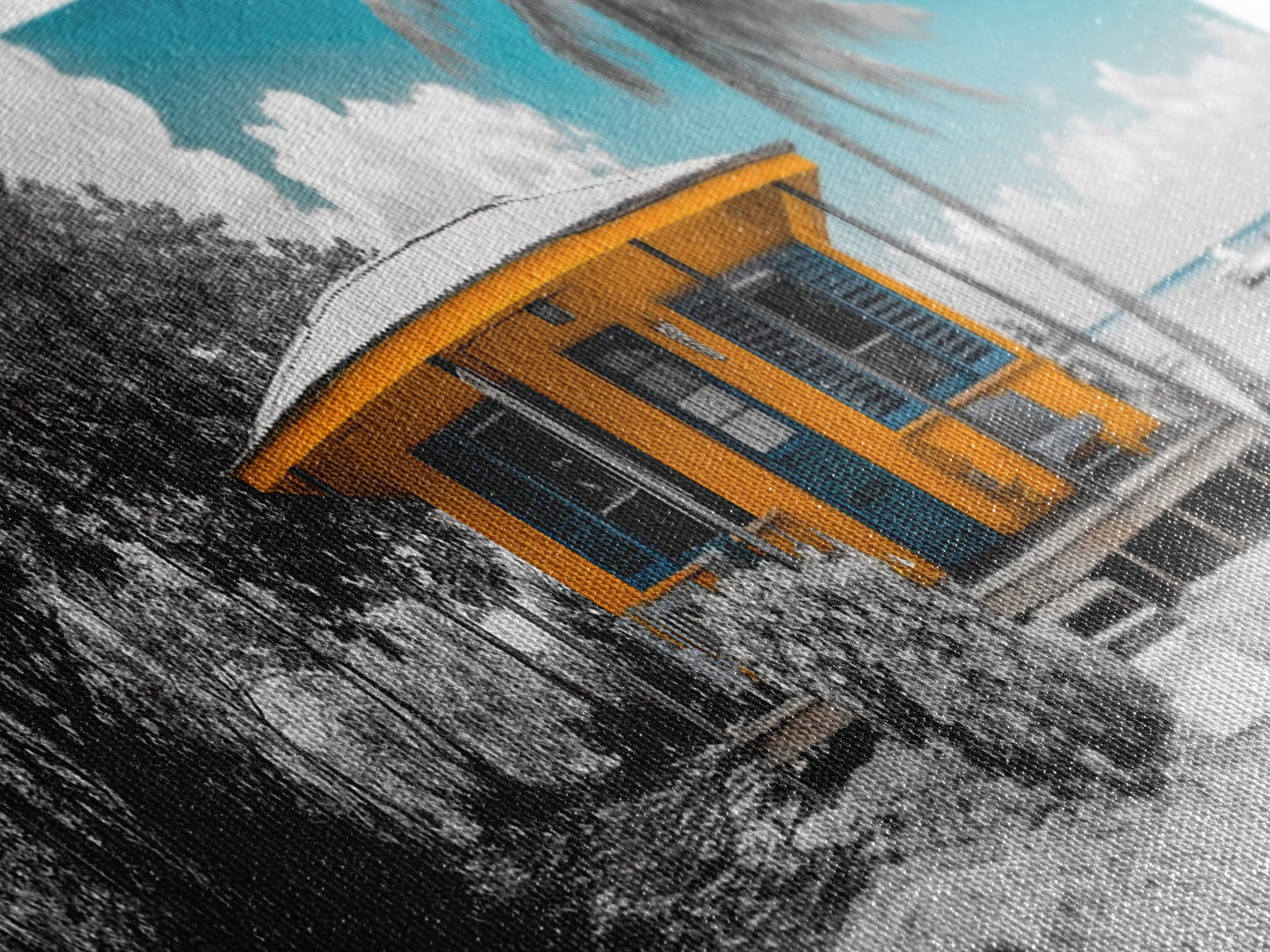 Beach House, Tropical Paradise, Yellow Cabin, Oceanfront View, Framed Canvas Print, Living Room Wall Art, Coastal Home Aesthetic