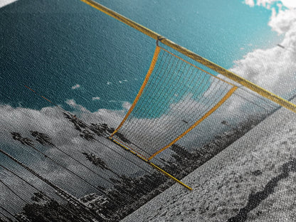 Beach Volleyball, Palm Trees, Summer Sport, Coastal Minimalism, Framed Canvas Print, Rec Room Wall Art, Sporty Vibe Decor