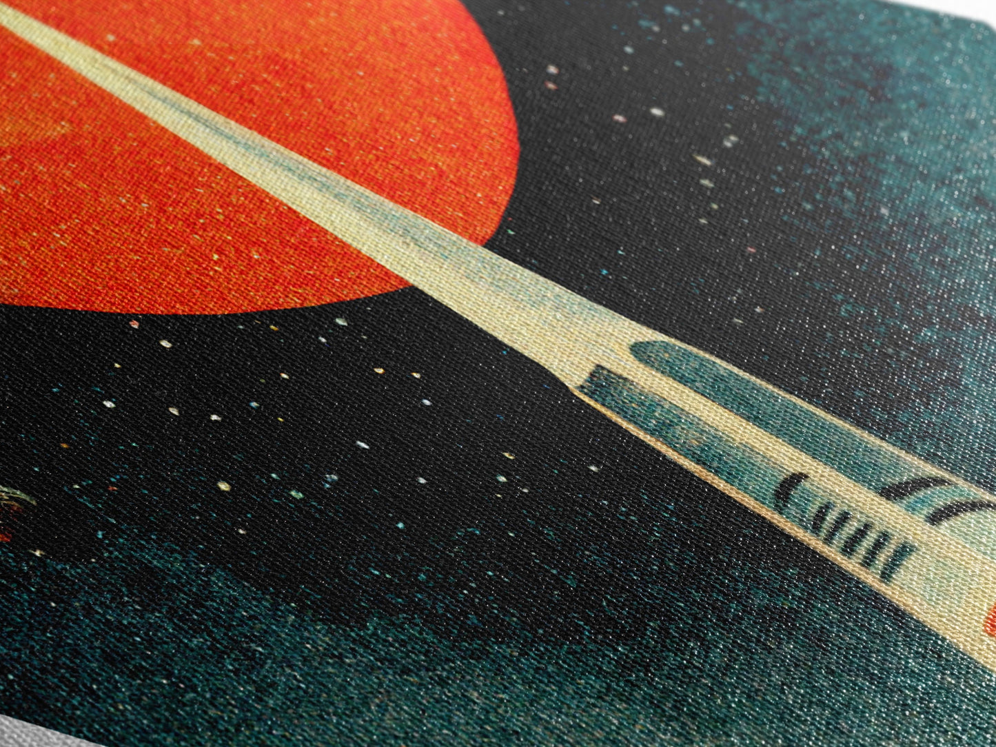 Rocket Launch Scene Diamond Shaped Canvas Textured Print, Retro Futurism Sci-Fi Wall Art, Outer Space Travel Vintage Poster