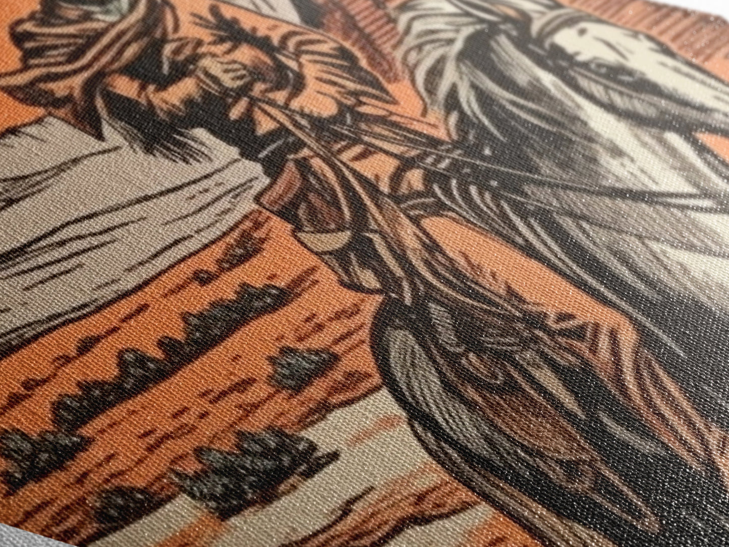 Cowboy Under Canyon Sun Diamond Shaped Canvas Embossed Print — Retro Western Wall Art Horseback Desert Scene Country Cabin Decor