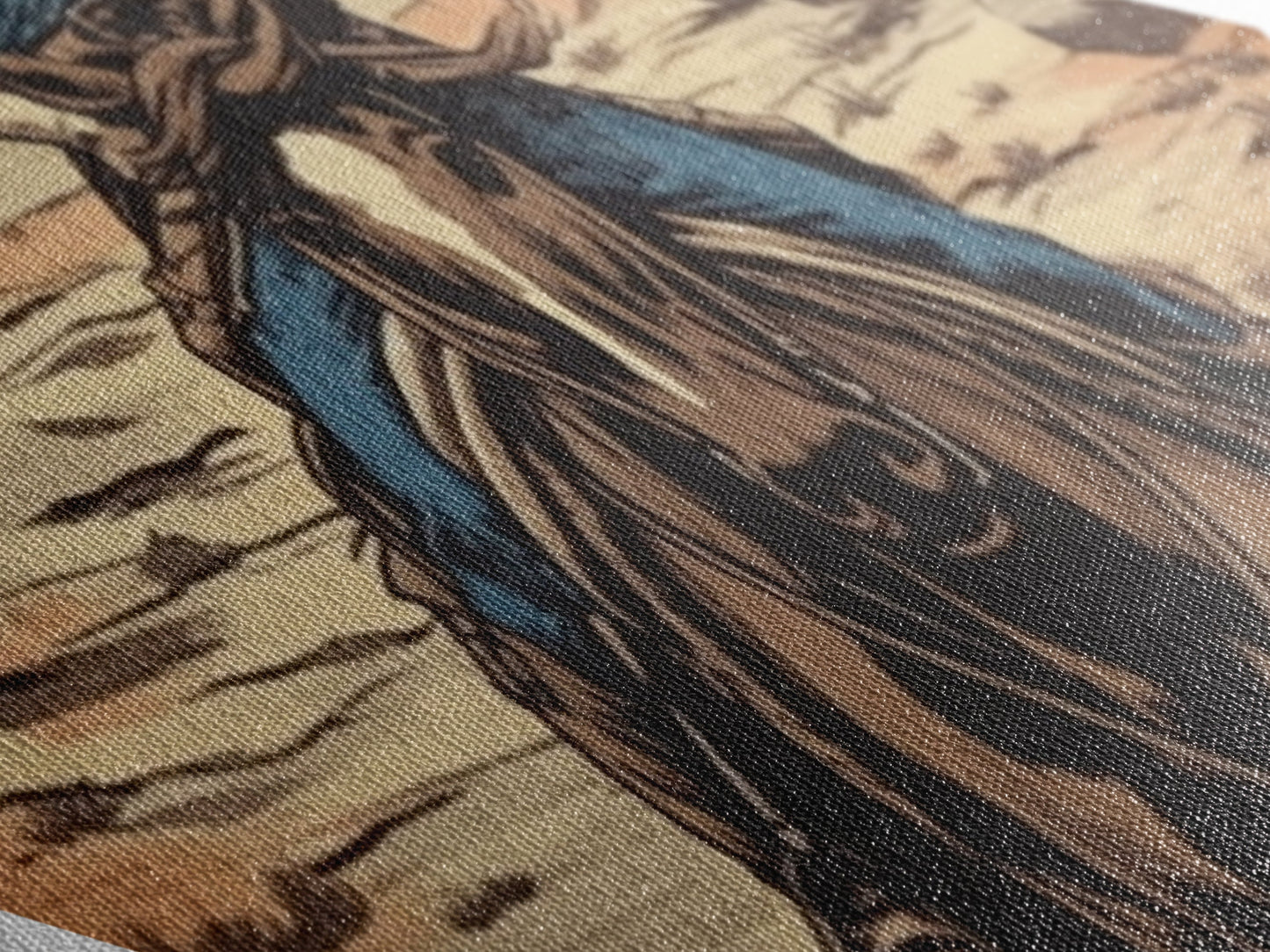 Sunset Cowgirl Ride Diamond Shaped Retro Western Canvas Textured Print Female Rider on Horseback Desert Scenic Illustration Wall Art