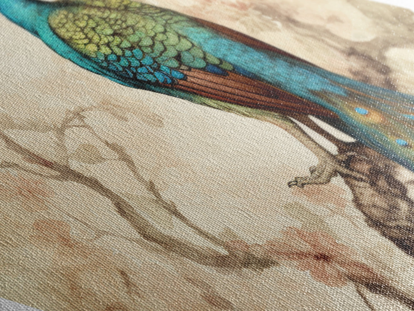 Majestic Peacock Bloom Diamond Shaped Elegant Bird Wall Art Canvas Textured Print Botanical Fine Art Nature-Inspired Decor