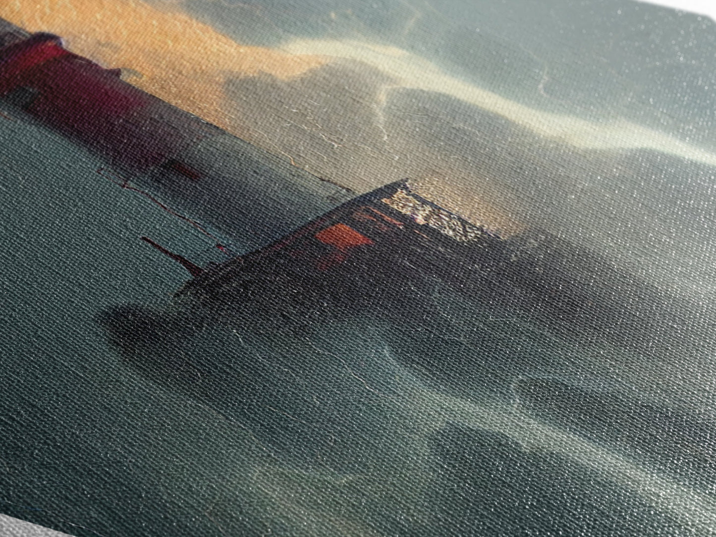 Lighthouse Tempest Fury Diamond Shaped Stormy Sea Wall Art Canvas Embossed Print Dramatic Nautical Lightning Ocean Decor