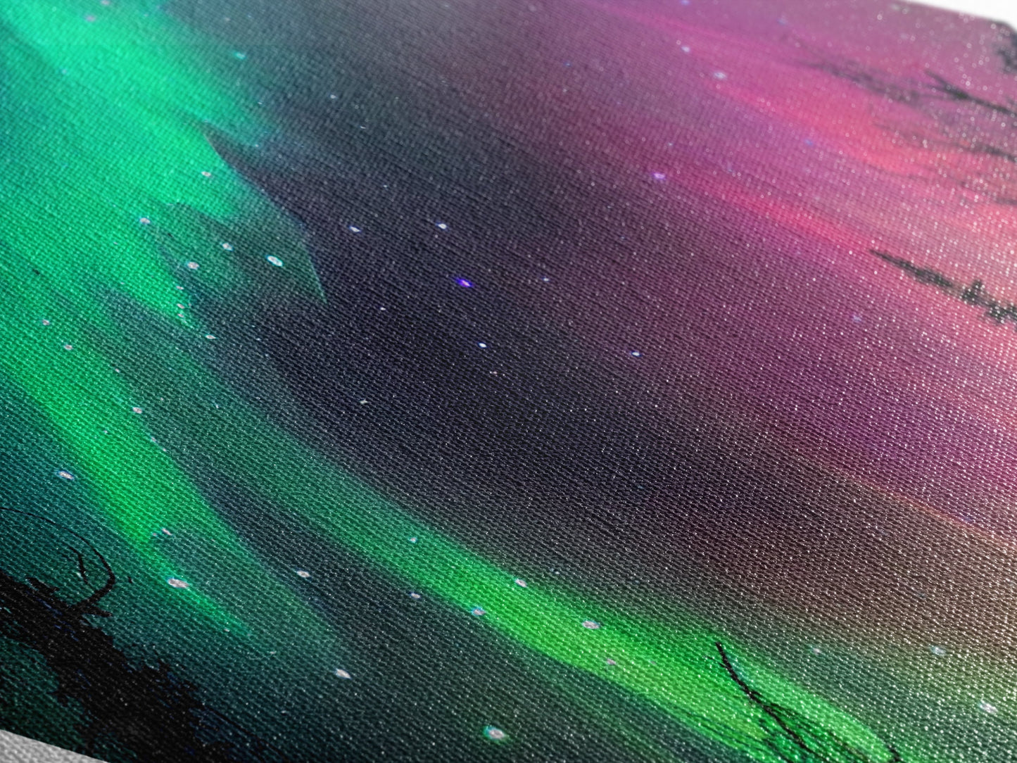 Aurora Nightfall Glow Diamond Shaped Northern Lights Forest Canvas Textured Print Nature Sky Landscape Wall Art Bedroom Peaceful Decor