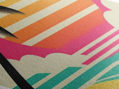 Tropical Minimal Vibe – Diamond Shaped Palm Tree Graphic Canvas Textured Print with Retro Beach Sunset and Geometric Stripes