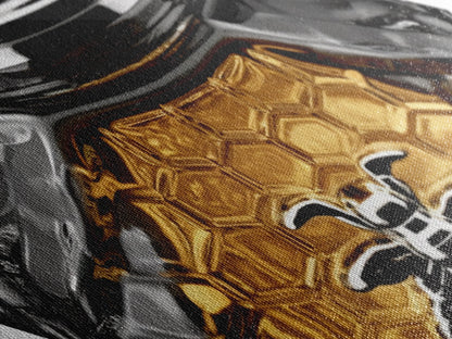 Honeycomb Elegance Bee Diamond Shaped Canvas Art Print, Gold Hexagon Insect Decor, Glam Perfume Bottle Graphic Wall Piece