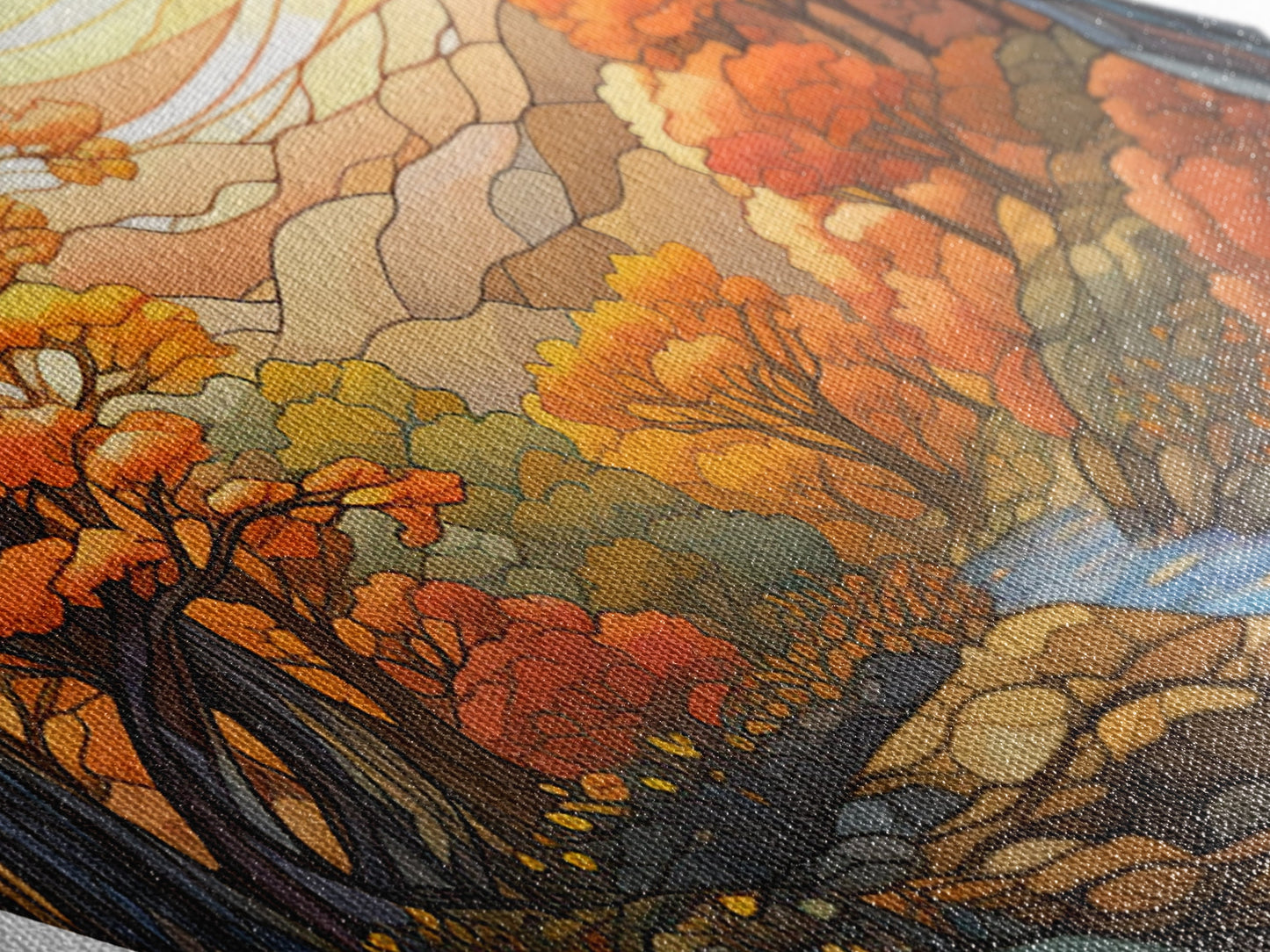 Autumn Forest Stream – Canvas Textured Print Stained Glass Style, Fall River Landscape, Nature Diamond Wall Art, Golden Hour Forest