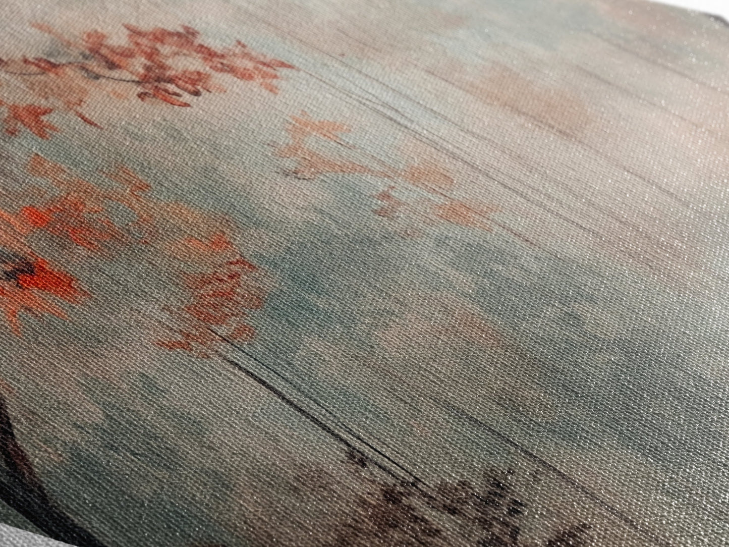 Diamond Shaped Misty Red Autumn Trees, peaceful morning woods Canvas Art Print, soft seasonal foliage decor, muted fall forest artwork