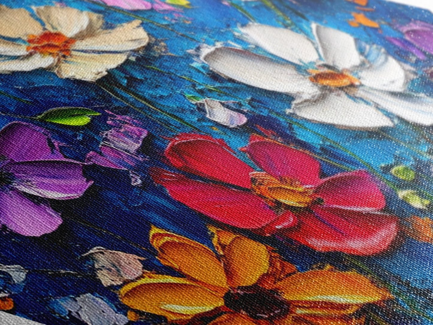 Blue Blossom Pop — Diamond Shaped Canvas Textured Print makes a lively statement in bathroom or hallway with bold floral palette knife design