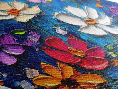 Blue Blossom Pop — Diamond Shaped Canvas Textured Print makes a lively statement in bathroom or hallway with bold floral palette knife design