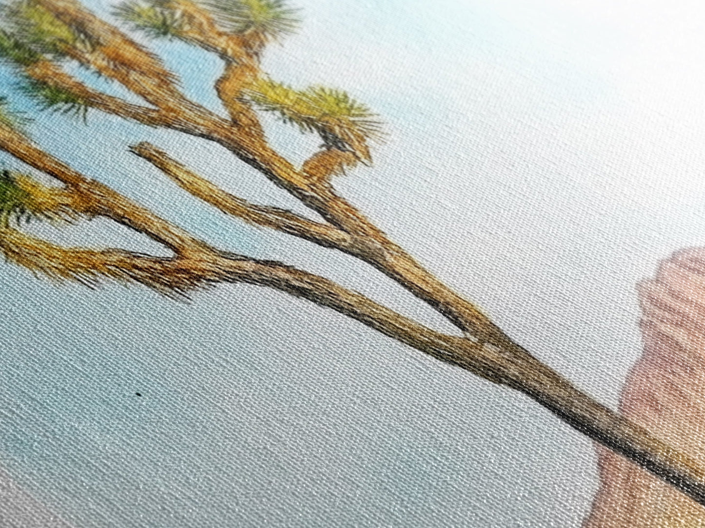 Mojave Tree Scene Diamond Shaped Canvas Textured Print, Watercolor Nature Landscape, Desert Mountain Western Wall Art