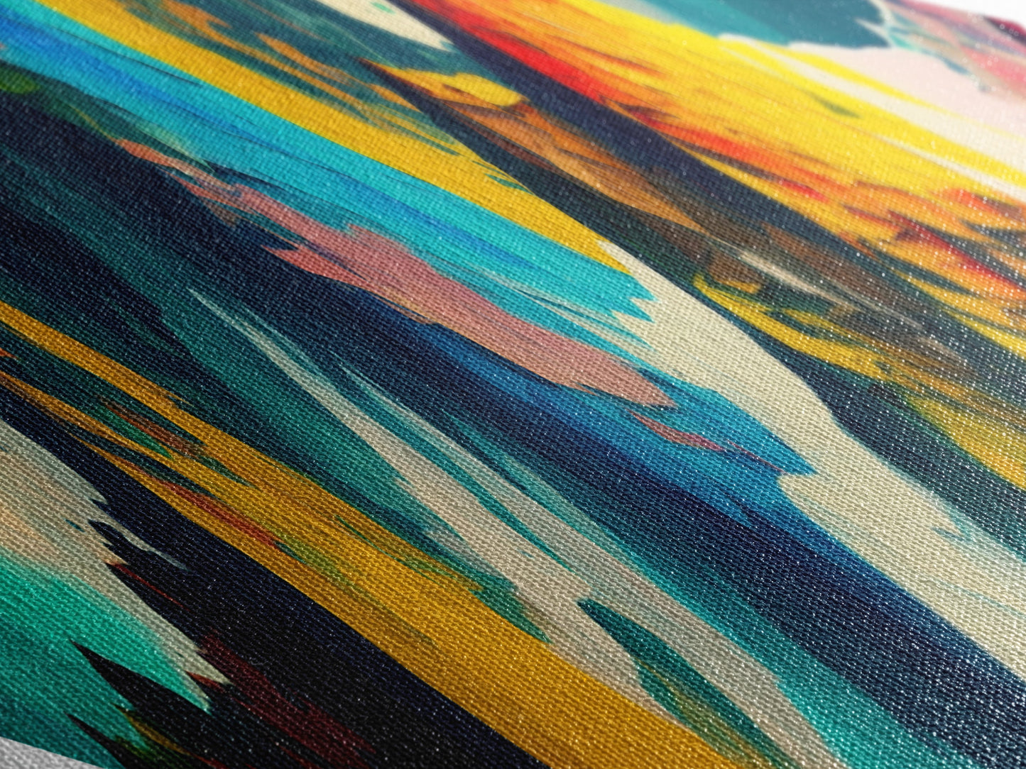 Kristalline Alpen – Rautenförmiger abstrakter Regenbogengipfel-Leinwanddruck mit polygonalem Bergpanorama und kräftigen geometrischen Strichen