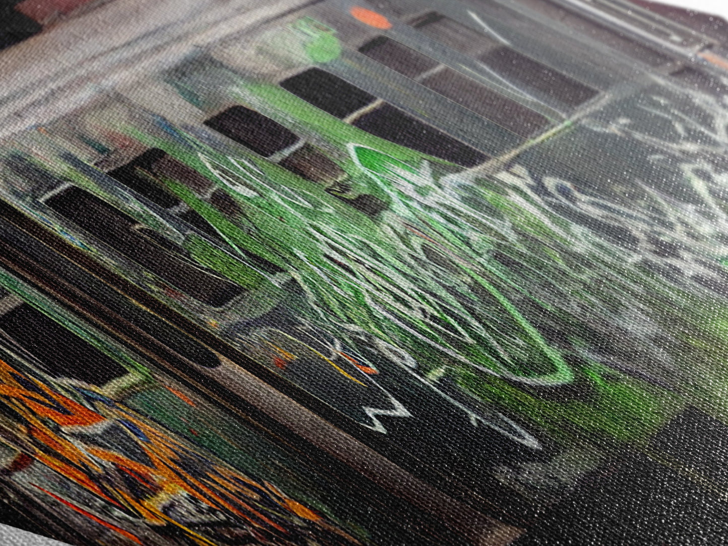 Graffiti Train Scene – Diamond Shaped Canvas Art Print with abandoned urban train, grunge graffiti photography, street art inspired wall piece