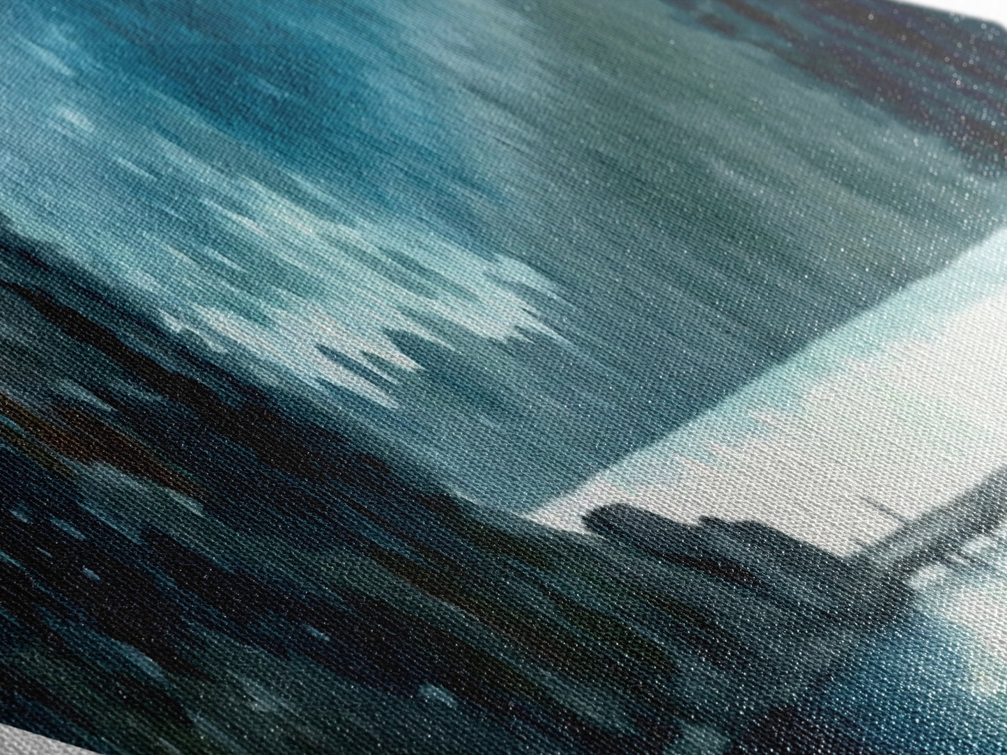 Misty Lake Retreat – Diamond Shaped Canvas Textured Print with tranquil blue waters, evergreen reflection scene, peaceful nature wall art