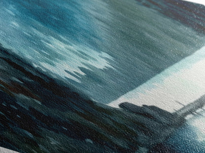 Misty Lake Retreat – Diamond Shaped Canvas Textured Print with tranquil blue waters, evergreen reflection scene, peaceful nature wall art