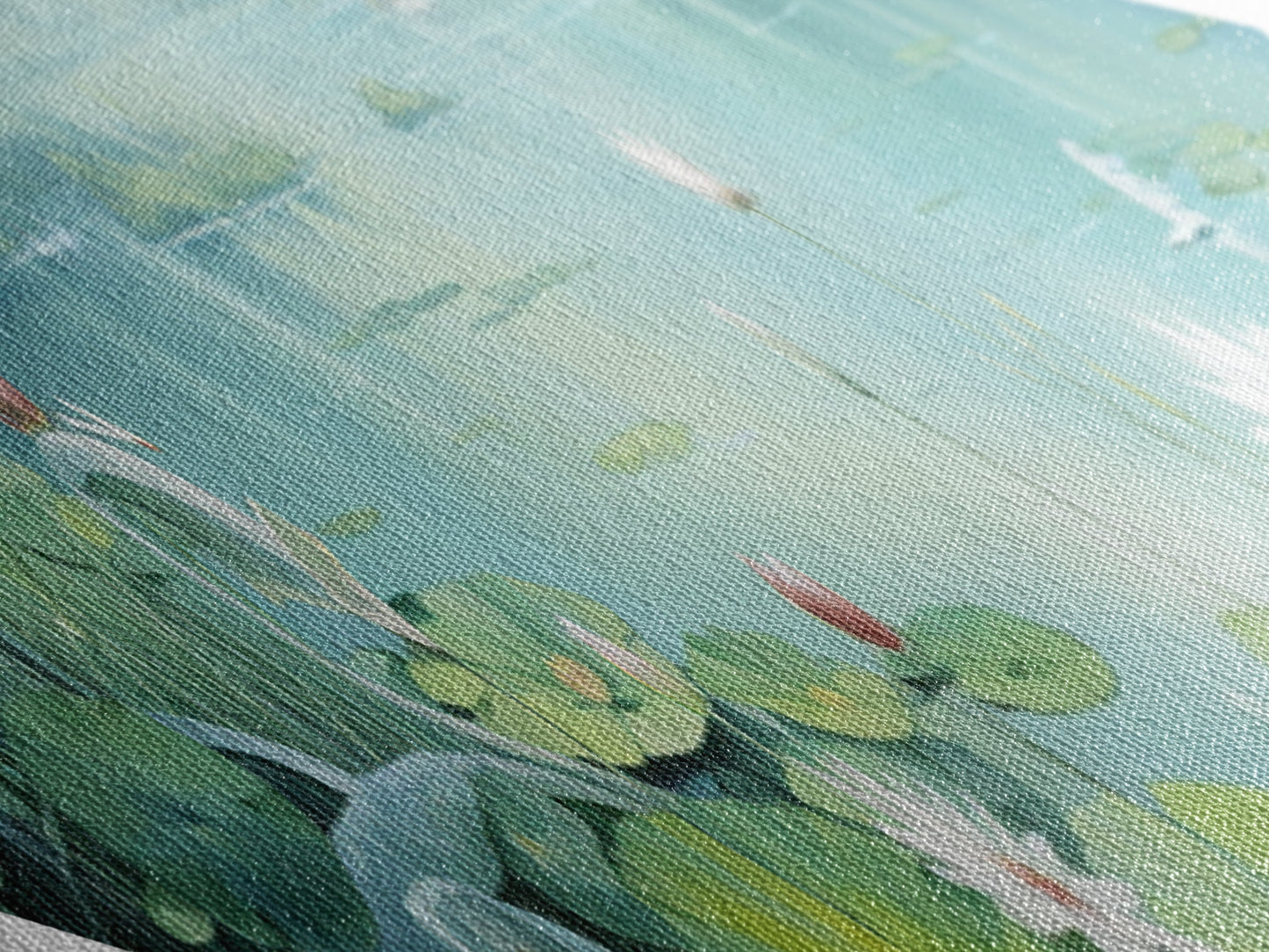 Tranquil Lily Pond Diamond Shaped Canvas Textured Print with peaceful lotus flowers, lake landscape art, spa room wall decoration