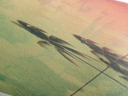 Sunset Beach Cabin — Diamond Shaped Canvas Textured Print retro coastal decor, midcentury beach wall art, vacation home aesthetic