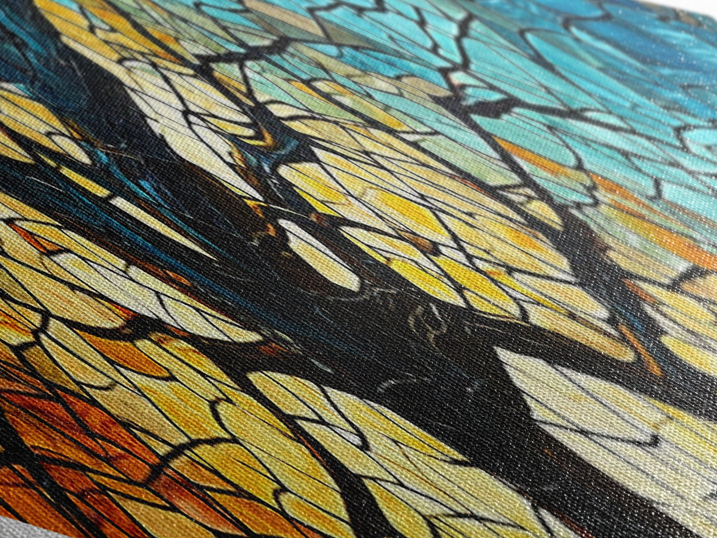 Branching Light Mosaic — Diamond Shaped Canvas Embossed Print glowing stained glass tree artwork, spiritual living room boho decor