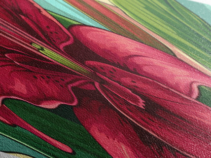 Crimson Bloom Lily Diamond Shaped Canvas Textured Print botanical flower art tropical decor living room wall art Mother's Day gift