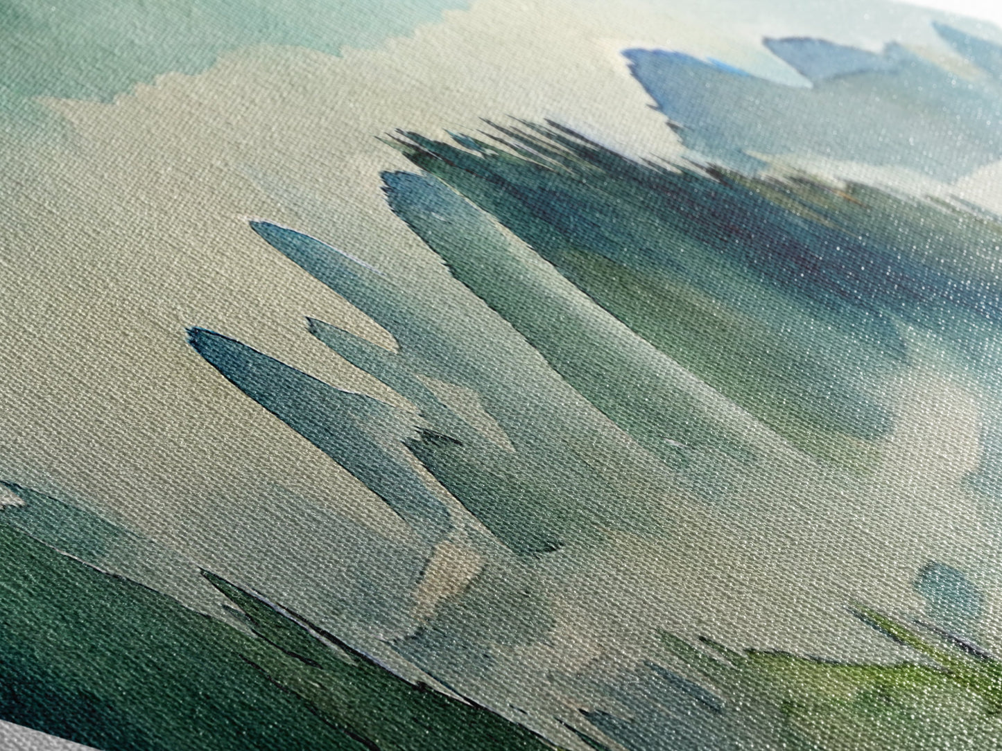 Watercolor Hills Serenity Diamond Shaped Canvas Textured Print, Misty Mountains Landscape Wall Decor, Tranquil Pastel Green Tones