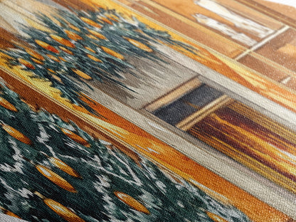 Festive Hearth – Diamond Shaped Canvas Textured Print cozy Christmas interior holiday fireplace art living room seasonal winter decor