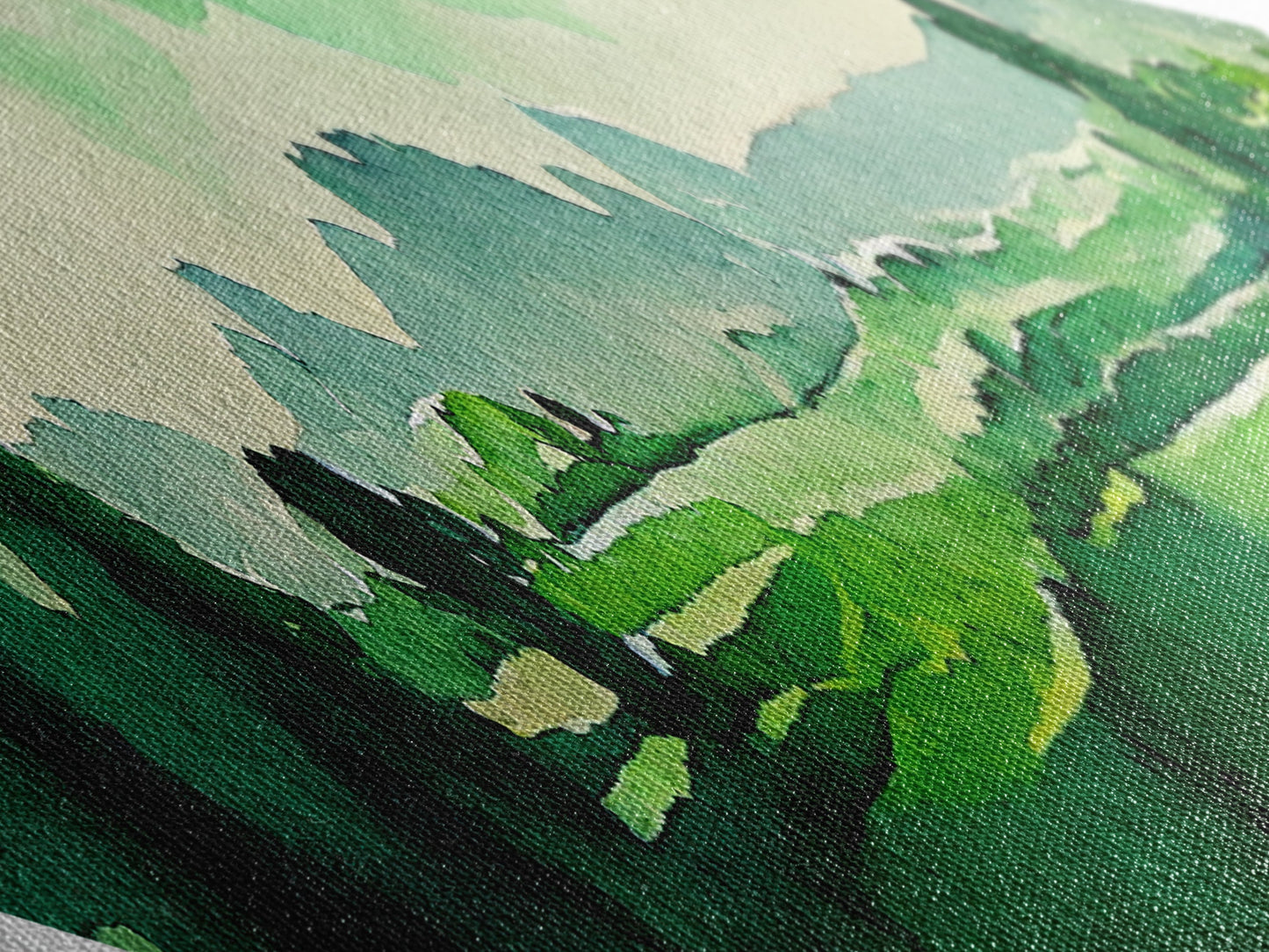 Verdant Horizon Diamond Shaped Landscape Wall Art Canvas Embossed Print Green Mountain Nature Illustration Pastoral Home Decor Accent