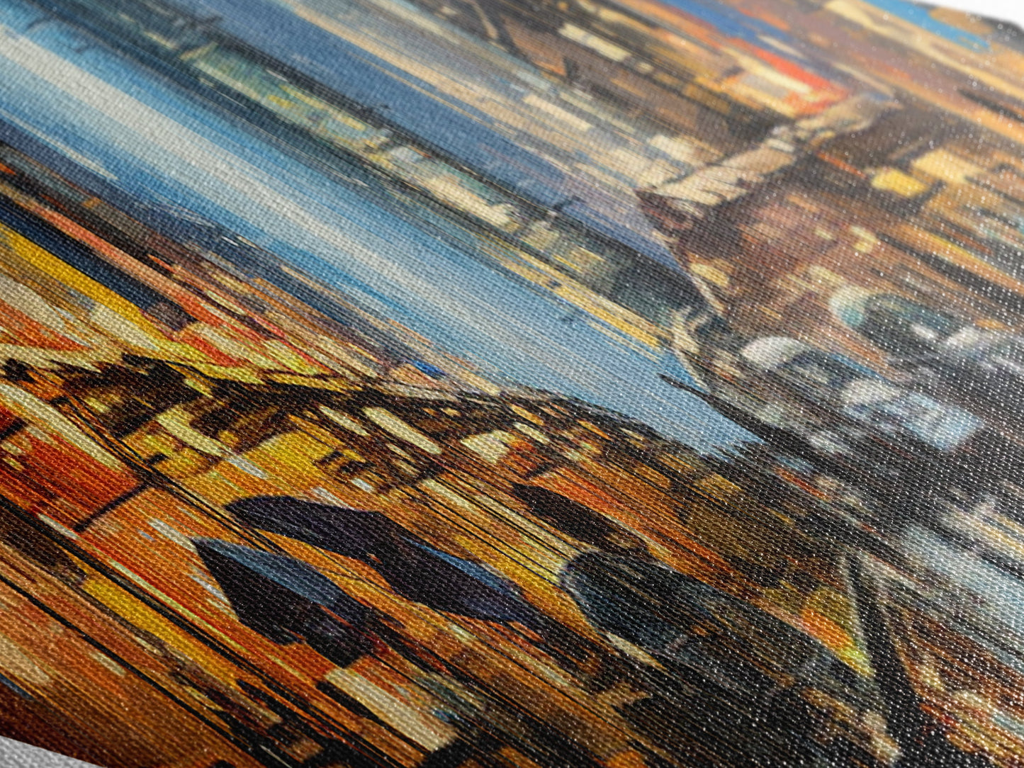 City Street Buzz Diamond Shaped Canvas Embossed Print rainy night urban scene bright lights pedestrians modern cityscape wall decor