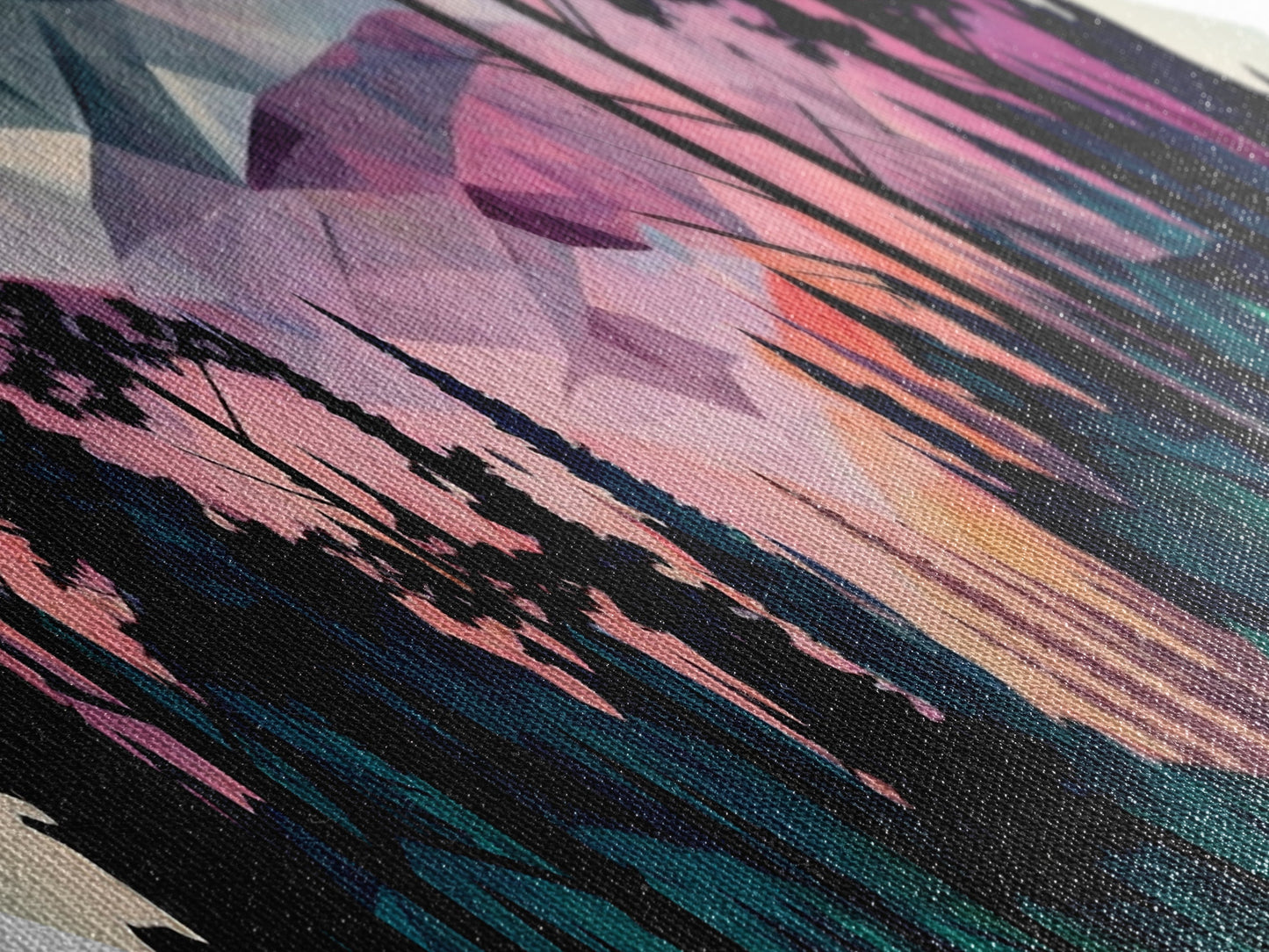 Polygonal Peaks View – Diamond Shaped Geometric Mountain Landscape Canvas Art Print, Nature Forest Sunrise Wall Accent