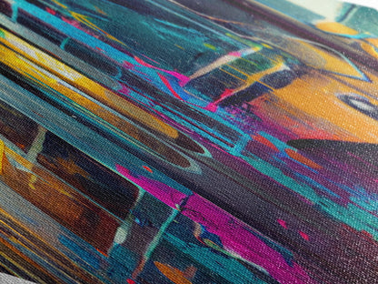 Color Splashed Metro – Diamond Shaped Street Art Subway Canvas Embossed Print, Vibrant Urban Train Graffiti Home Accent