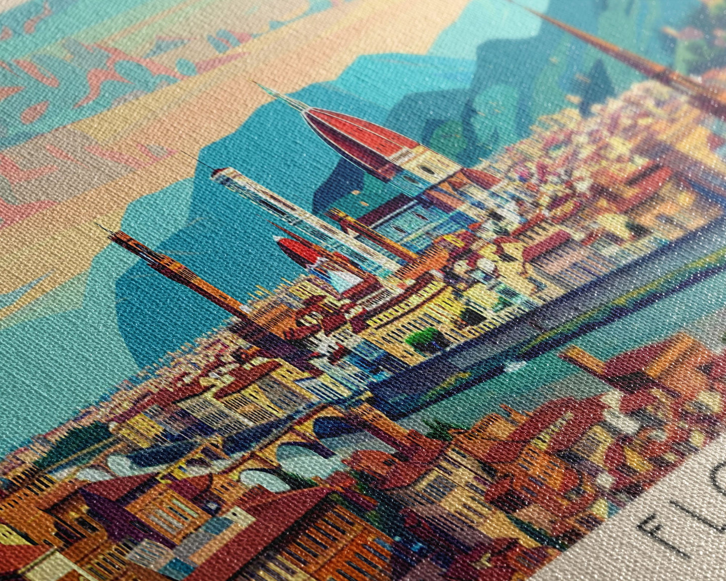 Florence Italy Panoramic Travel Poster, Framed Canvas Print or Metal Wall Art, Travel Art, Home Decor, Panoramic Painting, Midcentury Art