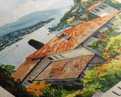 Lugano Switzerland Travel Poster Framed Canvas Print, Lakeside Cityscape, Watercolor Painting, Wall Art, Home Decoration, Travel Print, Artistic Gift