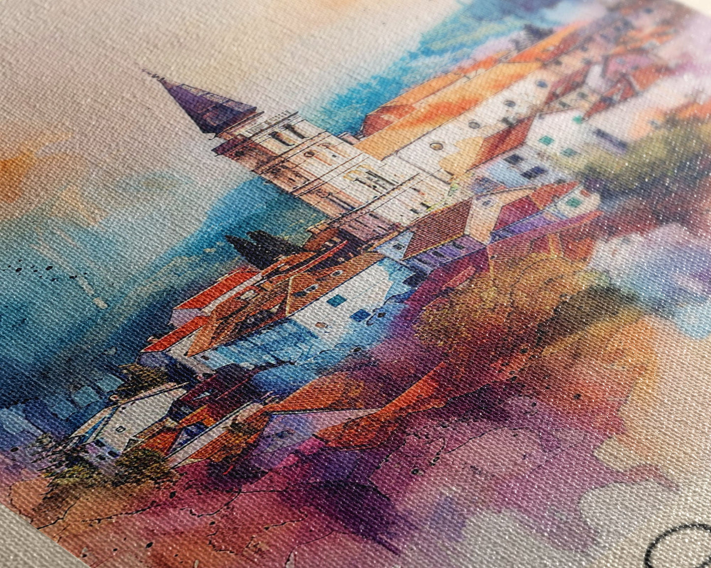 Slavonski Brod Croatia Travel Poster Framed Canvas Print, Watercolor Painting, Scenic Wall Art, Home Decor, Croatian Cityscape, Classic Art