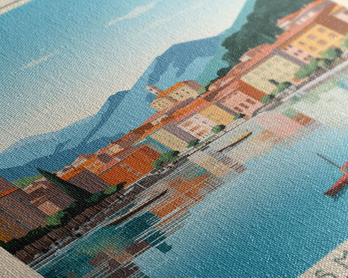 Lugano Switzerland Travel Poster Framed Canvas Print, Midcentury Modern Art, Pop Art Wall Decor, Scenic Art, Bedroom and Living Room Decor