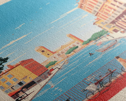 Nimes France Travel Poster Framed Canvas Print, Midcentury Modern Art, Pop Art Wall Decor, Scenic Living Room Art, Bedroom Gift