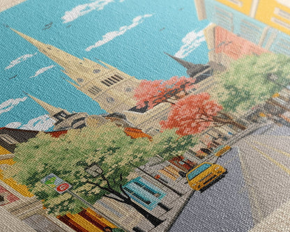 Novi Sad Serbia Travel Poster Framed Canvas Print, Midcentury Modern Art, Pop Art Wall Decor, Scenic Wall Art, Bedroom Decoration