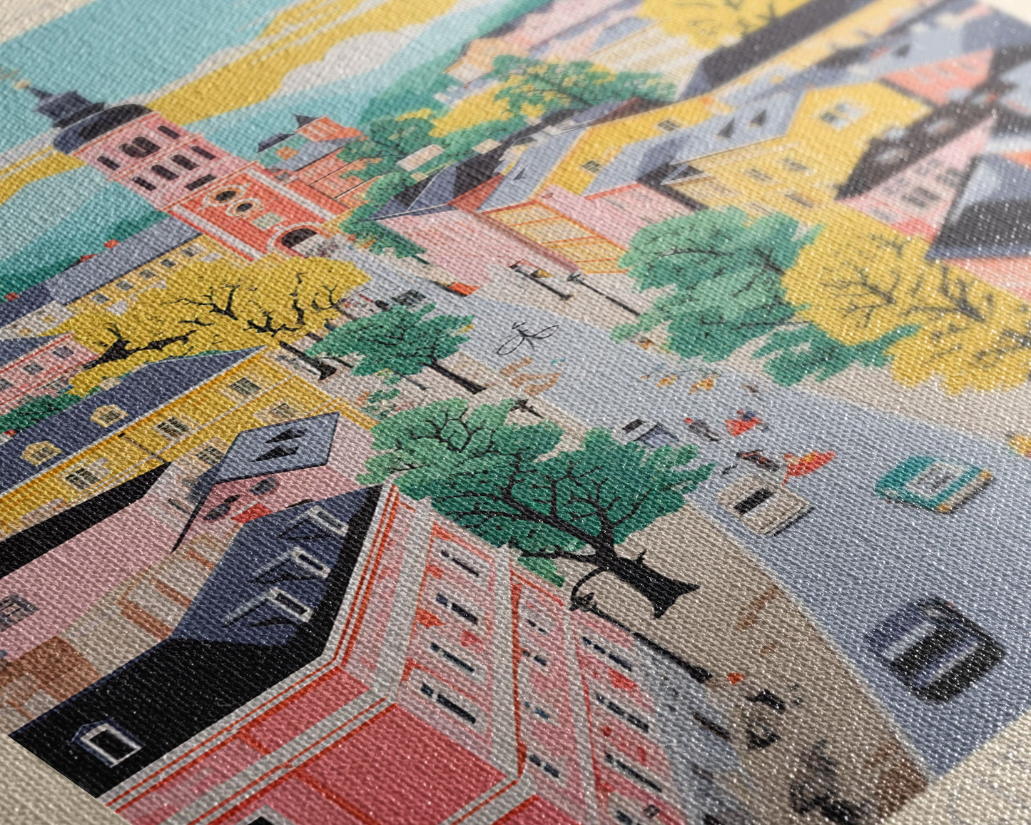 Pécs Hungary Travel Poster Framed Canvas Print, Midcentury Modern Art, Pop Art Wall Decor, Living Room Art, Home Decoration