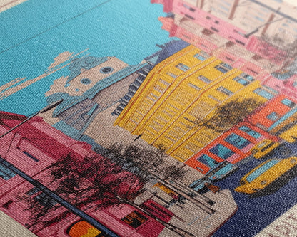 Pitești Romania Travel Poster Framed Canvas Print, Midcentury Modern Art, Pop Art Wall Decor, Home Decor, Vacation Gift, Bedroom Art