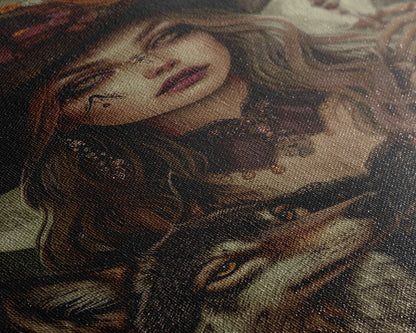 Die Hexe und der Wolf, Gruseliges Halloween-Wandbild, gerahmter Leinwanddruck, Gruselsaison, Hexenbild, Halloween-Dekoration und -Kunst, Saisonales