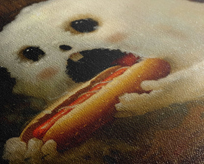 Ghostly Hot Dog Thief, Cute Lil Ghost Eatin' a Dog, The Hot Dog Ghost, Haunted Hot Dog Thief, Framed Canvas Print, Halloween Art