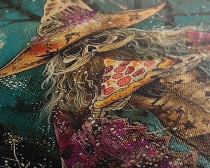 Ghostly Wizard Having A  Slice of Pizza, Funny Halloween Decor, Framed Canvas Print