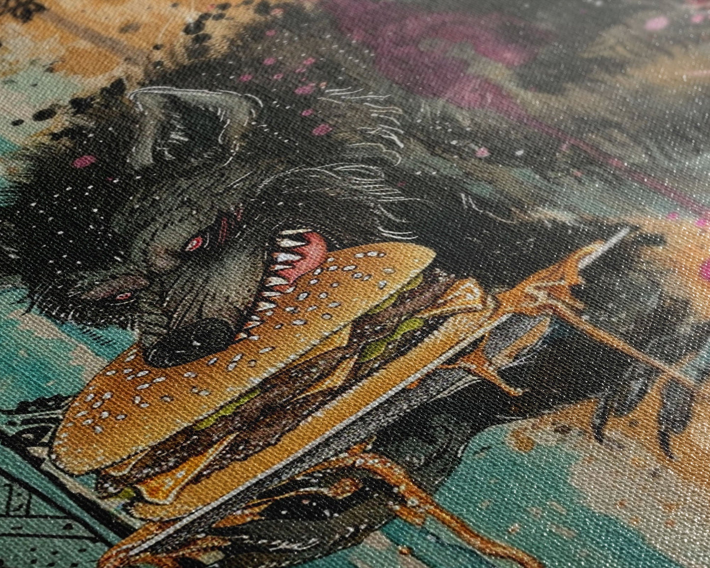 Halloween Creepy Werewolf with Burger Framed Canvas Print, Wall Art, Living Room Decor, Kitchen Art, Unique Halloween Gift, Spooky Decor