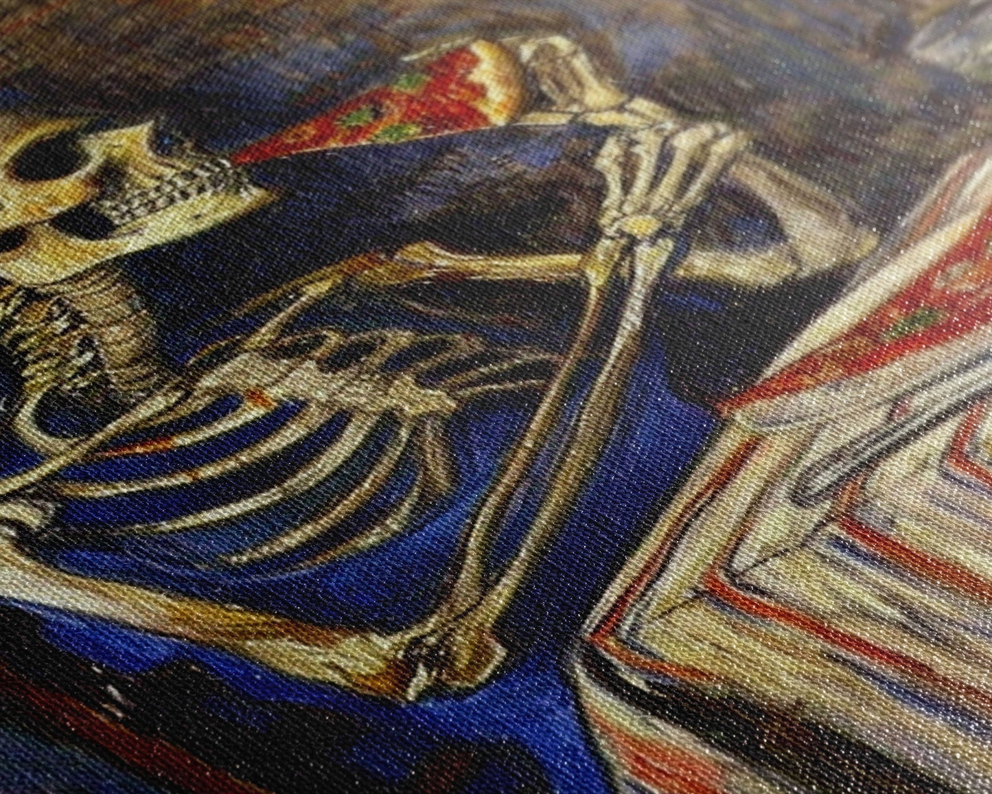 Funny Skeleton Eating A Pizza, Framed Canvas Print, Halloween Decor