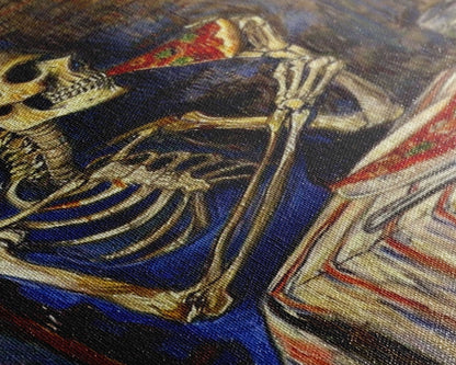 Funny Skeleton Eating A Pizza, Framed Canvas Print, Halloween Decor