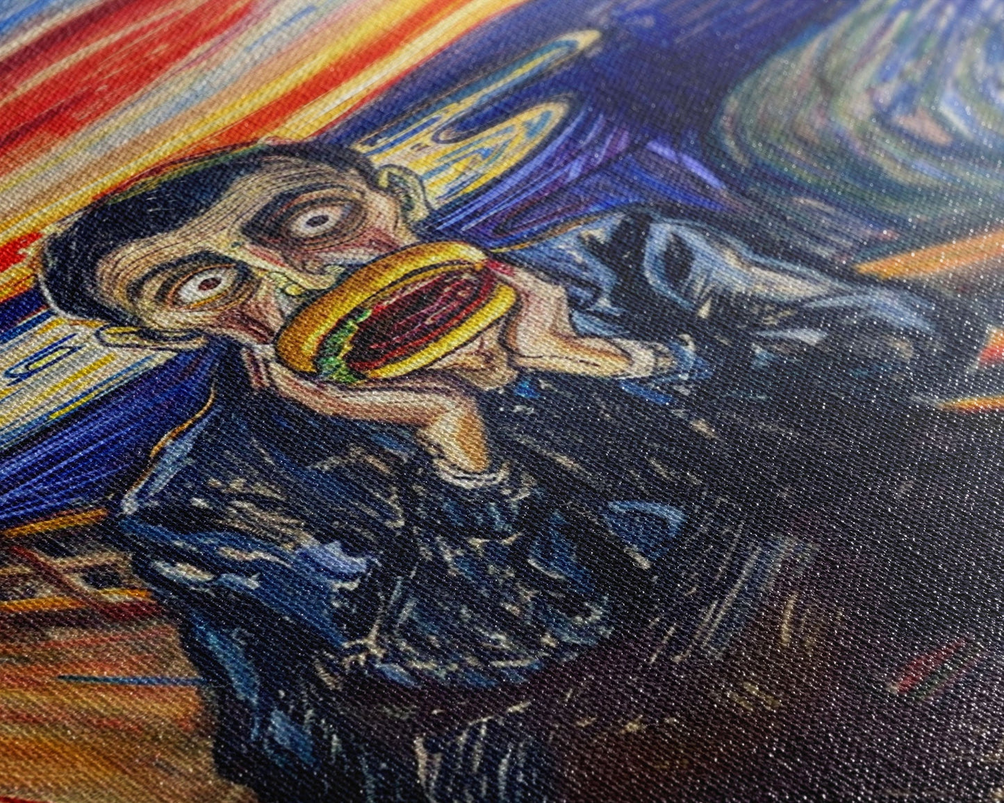 Scream-Inspired Art of a Man Eating a Hamburger, Blending Horror and Humor for a Unique Halloween Wall Art Addition