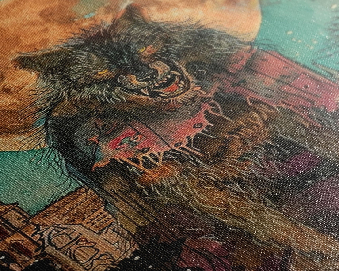 Fierce Werewolf with Blood Moon Framed Canvas Print | Halloween Monster Art | Spooky Werewolf Decor for Home | Intense Full Moon Artwork