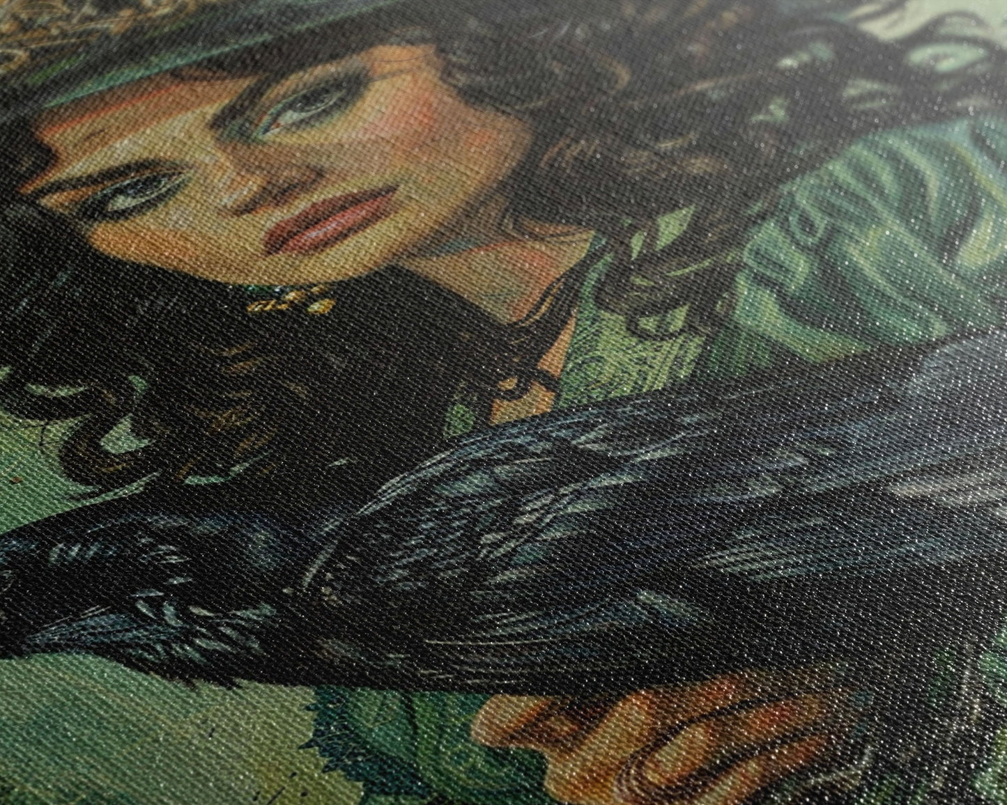 Raven Witch in Green Dress - Halloween Wall Art - Spooky Home Decor - Witch and Raven Painting - Gothic Halloween Decoration