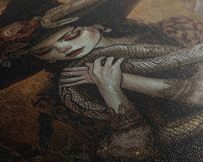 Mysterious Witch Holding Snake, Framed Canvas Print, Gothic Witch Art, Dark Fantasy Decor, Witch and Serpent, Halloween Accessories