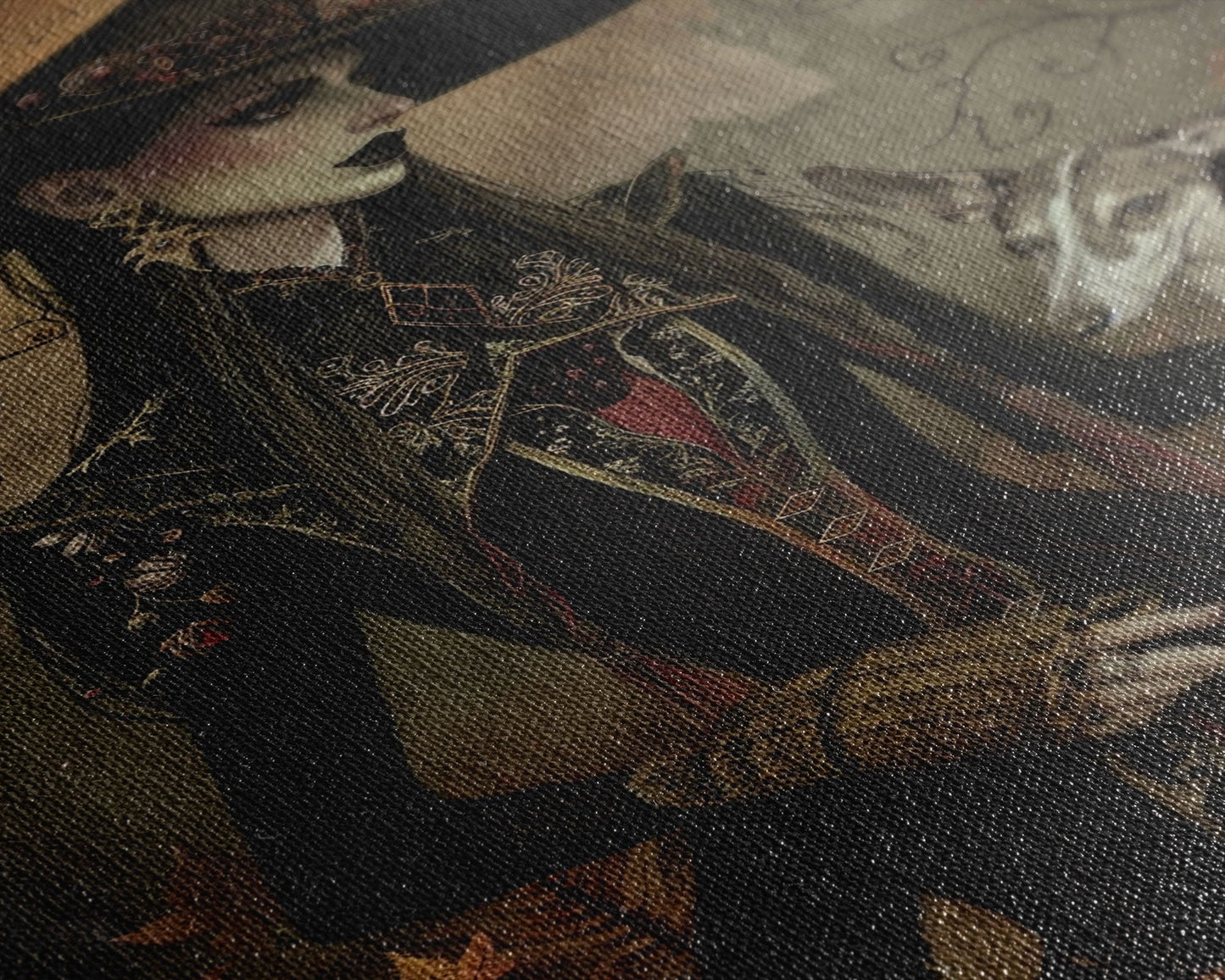 Gothic Witch with Elegant Dog, Framed Canvas Print, Dark Witch Art, Victorian Witch, Halloween Witch Decor, Gothic Home Decor