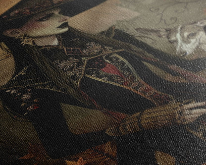 Gothic Witch with Elegant Dog, Framed Canvas Print, Dark Witch Art, Victorian Witch, Halloween Witch Decor, Gothic Home Decor