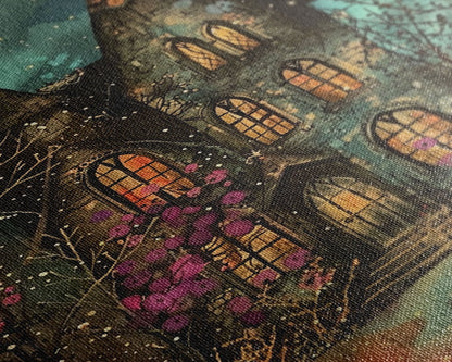 Enchanted Gothic House Framed Canvas Print, Halloween Wall Art, Spooky Art, Home Decor, Living Room Decor, Gothic Artwork, Haunted House